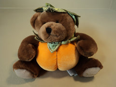 Standard Stuffed Pumpkin Bear 8-in Orange/Brown/Green Soft Polyester Fiber -- Used