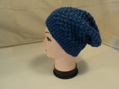 Handcrafted Slouchy Hat Ocean Blue Textured 100% Merino Wool Female Adult -- New No Tags