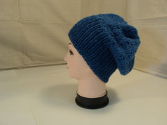 Handcrafted Reversible Slouchy Hat Ocean Blue Textured 100% Merino Wool Female -- New No Tags