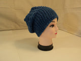 Handcrafted Reversible Slouchy Hat Ocean Blue Textured 100% Merino Wool Female -- New No Tags