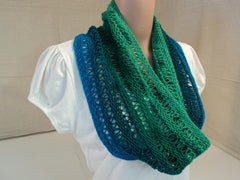 Handcrafted Cowl Blues and Greens Drop Stitch 100% Wool Female Adult Striped -- New No Tags