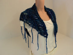 Handcrafted Scarf Blue Drop Stitch Fringes Merino Wool Mohair Female -- New No Tags