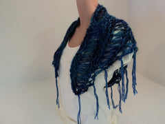 Handcrafted Scarf Blue Drop Stitch Fringes Merino Wool Mohair Female -- New No Tags