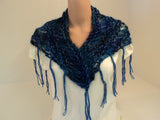 Handcrafted Scarf Blue Drop Stitch Fringes Merino Wool Mohair Female -- New No Tags