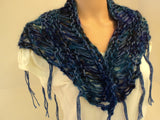 Handcrafted Scarf Blue Drop Stitch Fringes Merino Wool Mohair Female -- New No Tags