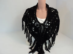 Handcrafted Wrap Shawl Black Silver Fringes Merino Wool Stellina Mix Female -- New No Tags