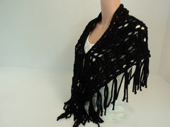 Handcrafted Wrap Shawl Black Silver Fringes Merino Wool Stellina Mix Female -- New No Tags