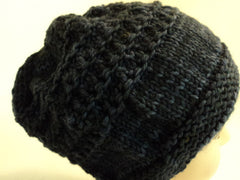 Handcrafted Beanie Hat Dark Blue Textured Slouchy Baby Merino Wool Female Adult -- New No Tags