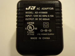 Standard Power Adaptor Supply 9VDC 600mA 120VAC 60Hz 0.15A AD-4109600 -- Used