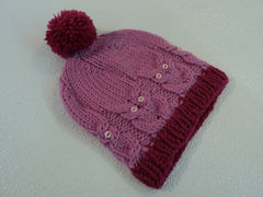 Handcrafted Knitted Baby Hat Pink/Cranberry Pom Pom 100% Wool Female 6-12 months -- New No Tags