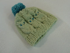 Handcrafted Knitted Child Hat Lime/Teal Owl Pom Pom 100% Wool Female 3T -- New No Tags