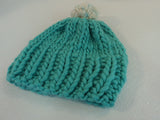 Handcrafted Knitted Hat Beanie Aqua Pom Pom Slouchy 100% Merino Wool Female -- New No Tags
