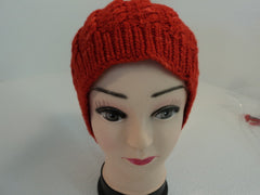 Handcrafted Beanie Knitted Hat Red Pom Pom Cable Stitch 100% Merino Wool Female -- New No Tags