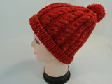 Handcrafted Beanie Knitted Hat Red Pom Pom Cable Stitch 100% Merino Wool Female -- New No Tags