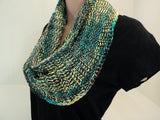Handcrafted Knitted Cowl Wrap Teal/Yellow/Gray Textured 100% Merino Silk Female -- New No Tags