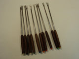 Standard Fondue Forks Set of 10 Japan Color Coded Stainless Steel Wood -- Used