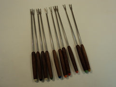 Standard Fondue Forks Set of 10 Japan Color Coded Stainless Steel Wood -- Used