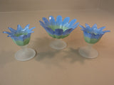 Designer Candle Holders Set of 3 Two Sizes Blue/Green/Frosted Flower Modern -- Used