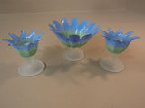 Designer Candle Holders Set of 3 Two Sizes Blue/Green/Frosted Flower Modern -- Used