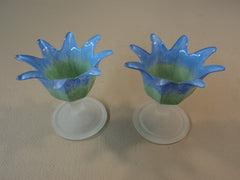 Designer Candle Holders Set of 3 Two Sizes Blue/Green/Frosted Flower Modern -- Used