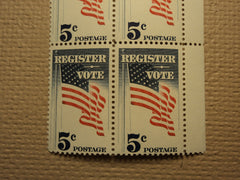 USPS Scott 1249 5c Register Vote 1964 Mint NH Plate Block 4 Stamps -- New