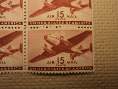 USPS Scott C28 15c Air Mail Transport Plane 1941 Mint NH OG Plate Block 4 Stamps -- New