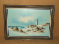 Original Painting Framed 36in x 24in Carson Seascape Lighthouse Oil on Canvas -- Used