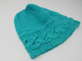 Handcrafted Knitted Hat Beanie Teal Textured Lace 100% Merino Wool Female Adult -- New No Tags