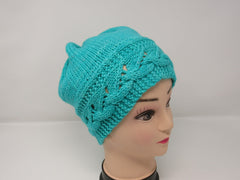 Handcrafted Knitted Hat Beanie Teal Textured Lace 100% Merino Wool Female Adult -- New No Tags