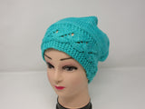 Handcrafted Knitted Hat Beanie Teal Textured Lace 100% Merino Wool Female Adult -- New No Tags