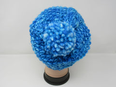 Handcrafted Knitted Hat Beanie Blue Textured 100% Merino Wool Female Adult -- New No Tags