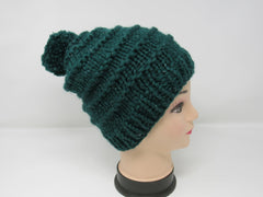 Handcrafted Knitted Hat Beanie Green Pom Pom 97% Fine Merino Wool Female Adult -- New No Tags