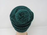 Handcrafted Knitted Hat Beanie Green Pom Pom 97% Fine Merino Wool Female Adult -- New No Tags