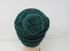 Handcrafted Knitted Hat Beanie Green Pom Pom 97% Fine Merino Wool Female Adult -- New No Tags