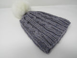 Handcrafted Knitted Hat Beanie Gray Textured Pom Pom 100% Fine Wool Female Adult -- New No Tags