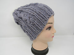 Handcrafted Knitted Hat Beanie Gray Textured Pom Pom 100% Fine Wool Female Adult -- New No Tags