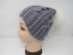 Handcrafted Knitted Hat Beanie Gray Textured Pom Pom 100% Fine Wool Female Adult -- New No Tags