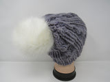 Handcrafted Knitted Hat Beanie Gray Textured Pom Pom 100% Fine Wool Female Adult -- New No Tags