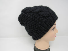 Handcrafted Knitted Hat Beanie Black Textured 100% Merino Wool Female Adult -- New No Tags