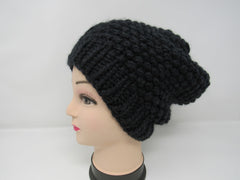 Handcrafted Knitted Hat Beanie Black Textured 100% Merino Wool Female Adult -- New No Tags