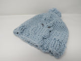 Handcrafted Knitted Hat Beanie Light Blue Owl Acrylic Wool Pom Pom Female Adult -- New No Tags