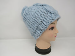 Handcrafted Knitted Hat Beanie Light Blue Owl Acrylic Wool Pom Pom Female Adult -- New No Tags