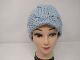 Handcrafted Knitted Hat Beanie Light Blue Owl Acrylic Wool Pom Pom Female Adult -- New No Tags