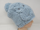 Handcrafted Knitted Hat Beanie Light Blue Owl Acrylic Wool Pom Pom Female Adult -- New No Tags