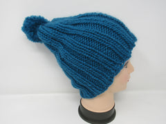 Handcrafted Knitted Hat Beanie Teal Pom Pom 100% Merino Wool Female Adult -- New No Tags