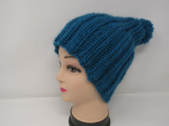 Handcrafted Knitted Hat Beanie Teal Pom Pom 100% Merino Wool Female Adult -- New No Tags