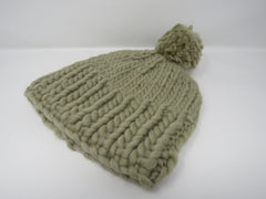 Handcrafted Knitted Hat Beanie Green Pom Pom 100% Merino Wool Female Adult -- New No Tags