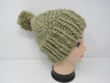 Handcrafted Knitted Hat Beanie Green Pom Pom 100% Merino Wool Female Adult -- New No Tags