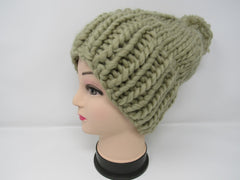 Handcrafted Knitted Hat Beanie Green Pom Pom 100% Merino Wool Female Adult -- New No Tags