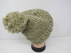 Handcrafted Knitted Hat Beanie Green Pom Pom 100% Merino Wool Female Adult -- New No Tags